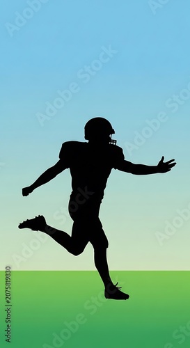 Silhouette of an athlete wearing protective headgear running across a green field under a clear sky