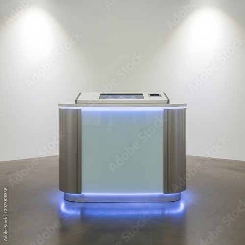 Contemporary information kiosk glows with blue accent lighting in a minimalist setting