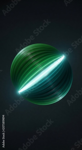 Abstract sphere shape features glowing cyan light splitting its surface on dark background