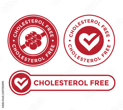 Cholesterol free badge logo. Features blood vessel, particles, checkmark, and stop sign. Ideal for healthy food labels, medical icons, and diet products.