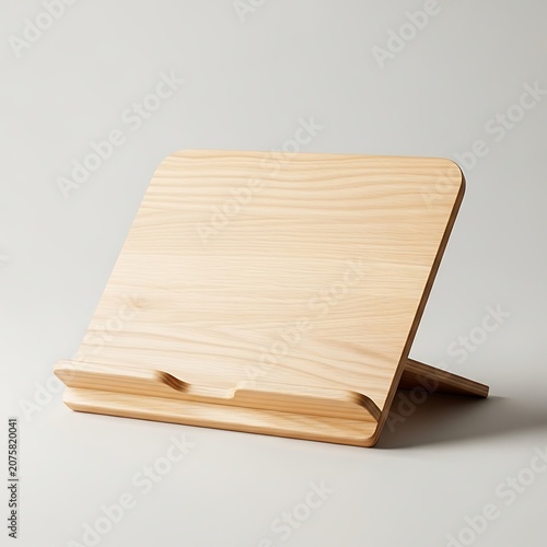 Simple wooden stand rests at an angle on a light surface for holding reading material
