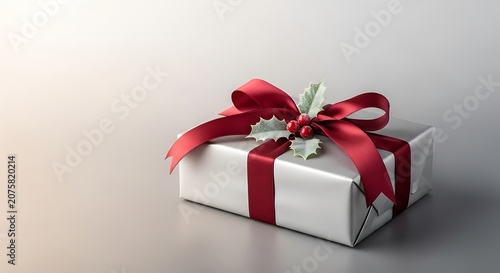 Rectangular present wrapped in silver paper with a deep red ribbon and festive holly adornment rests against a muted background