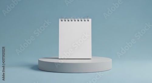 Blank spiral bound notepad rests on a minimalist circular platform against a soft blue background