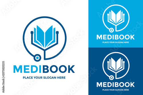 Medibook logo design combining a stethoscope and a book, suitable for medical education and journals.