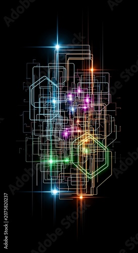 Interconnected glowing geometric lines form an abstract digital structure against a dark backdrop