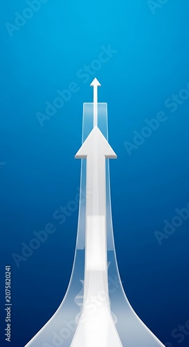 White upward arrow graphic accelerates through a transparent stream against a blue background