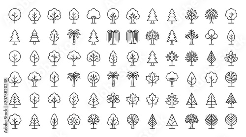 Schilderij op canvas Variety of Tree Line Icons Illustrating Nature's Diversity and Greenery