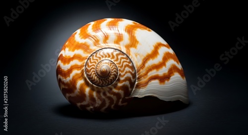 Striking nautilus shell displays intricate spiral pattern and contrasting coloration