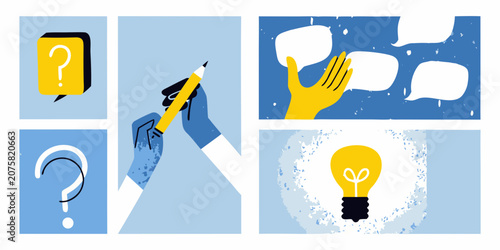 Four panel Illustration Of Question Marks Writing Ideas And Light Bulbs