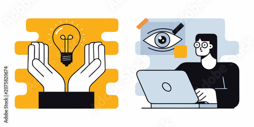Hands cradling a lightbulb and person using a laptop vector illustration