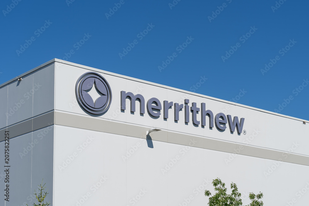 Obraz premium Scarborough, Toronto, Canada - June 27, 2026: Closeup Merrithew logo on the facility building in Scarborough, Toronto, Canada. Merrithew International Inc is a health and fitness company that speciali