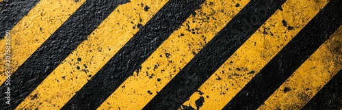 Aged and distressed black and yellow diagonal striped industrial floor marking