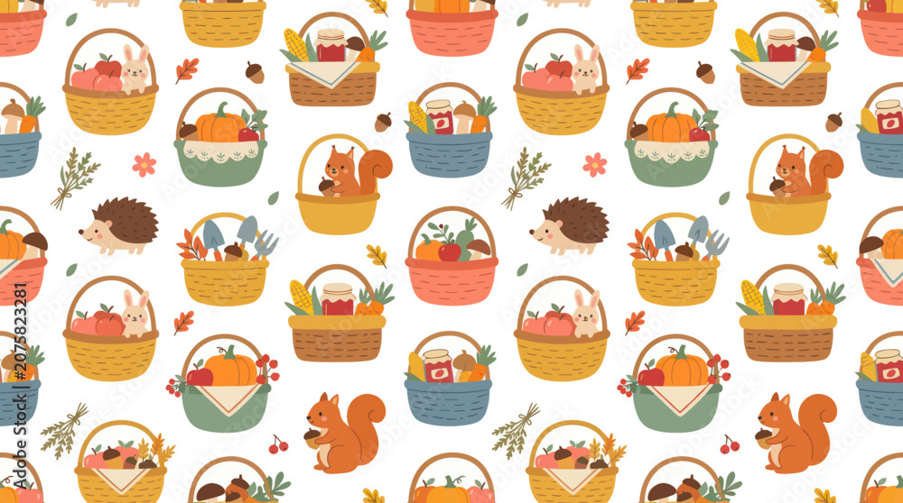Fototapeta premium Autumn Harvest Basket Pattern with Squirrels, Rabbits, Hedgehogs - Flat Design