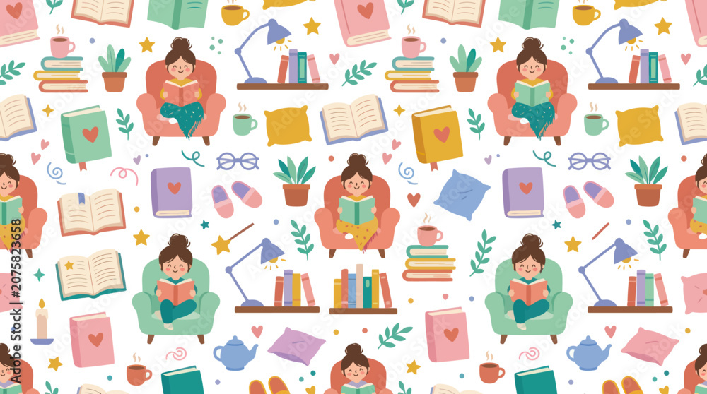 Fototapeta premium Cute Seamless Pattern with Girls Reading Books, Cozy Home Elements