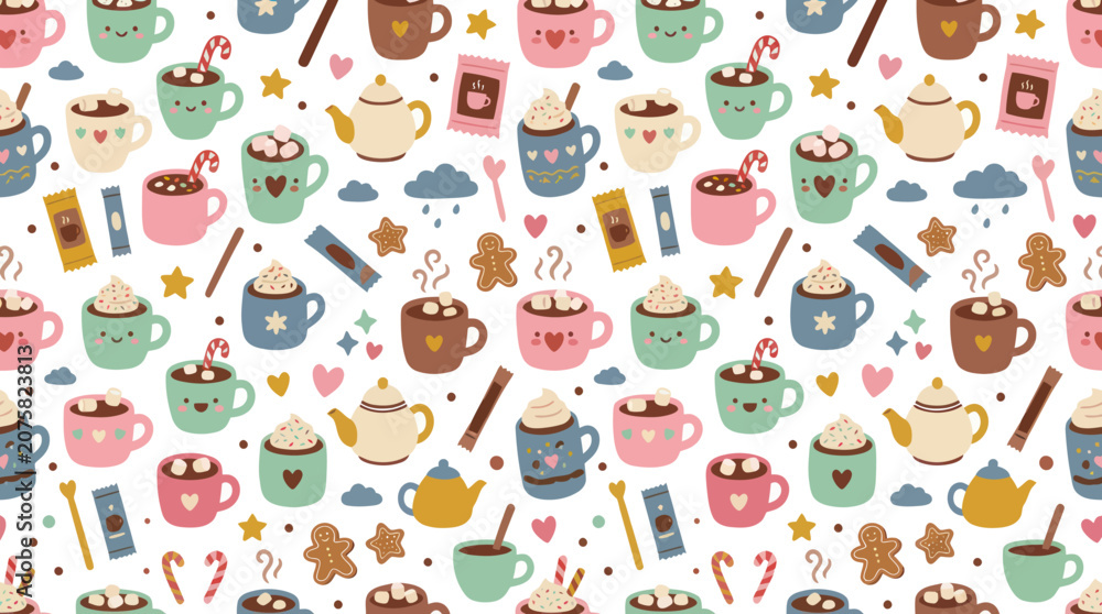 Fototapeta premium Cute Flat Cartoon Hot Chocolate Tea Seamless Pattern with Winter Holiday Mugs Treats