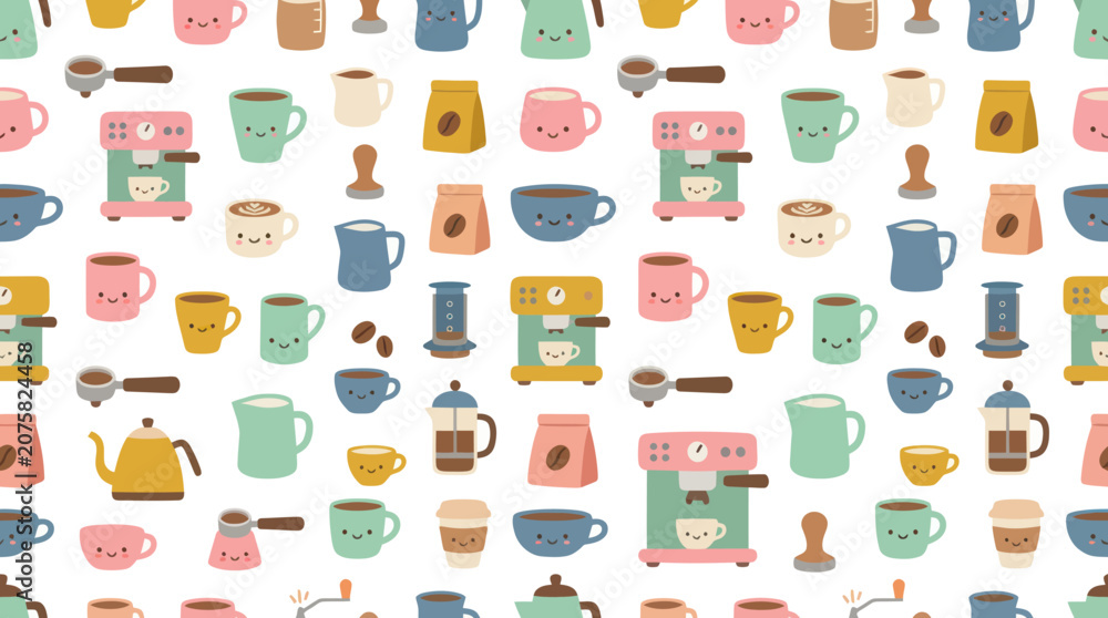 Fototapeta premium Cute Coffee Pattern: Kawaii Mugs, Coffee Machines, and Beans Seamless Background