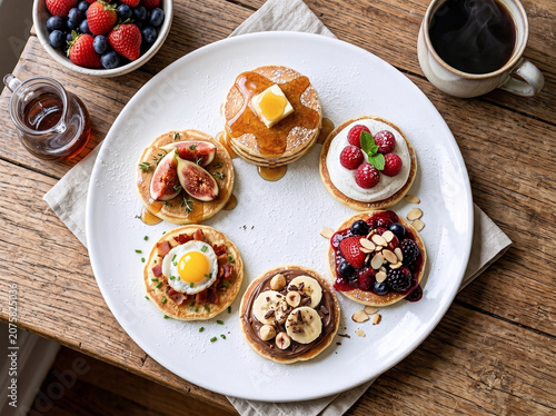 6種のトッピングを楽しむミニパンケーキアラカルト大皿プレートとコーヒーの贅沢朝食フードフォト
