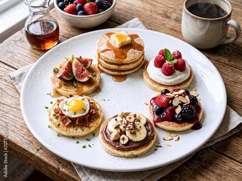 6種のトッピングを楽しむミニパンケーキアラカルト大皿プレートとコーヒーの贅沢朝食フードフォト