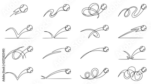 Fotografie Tennis Ball Motion Lines Set: Jumping, Bouncing, Flying, Swirling Trajectories
