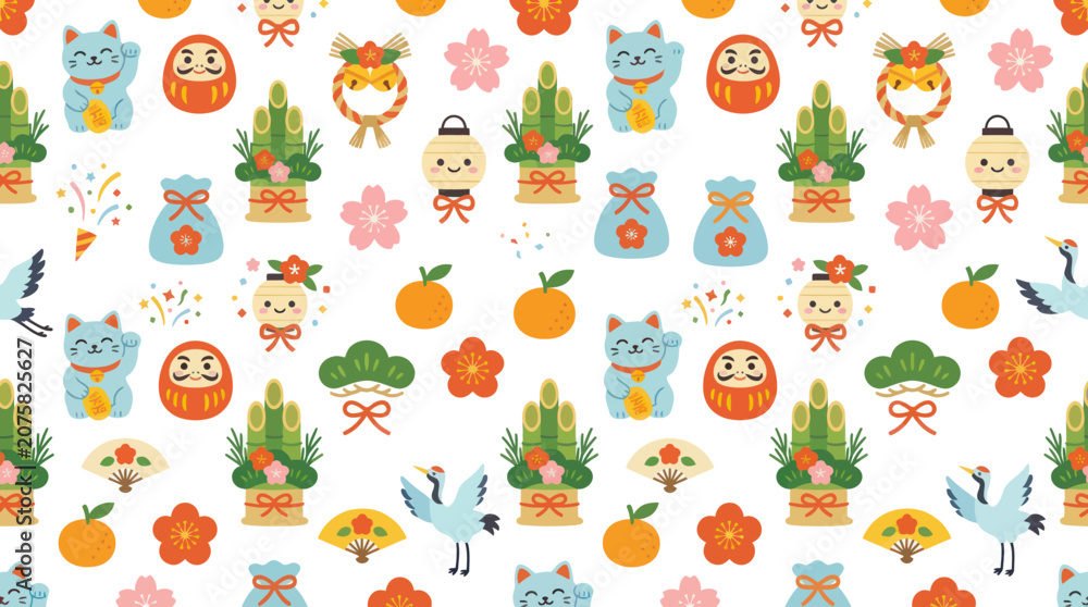 Fototapeta premium Japanese New Year Lucky Charms and Symbols Seamless Pattern Flat Vector