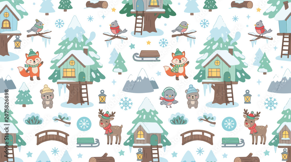 Naklejka premium Flat Vector Winter Forest Seamless Pattern with Cute Cartoon Animals Treehouses - Kids Background Design