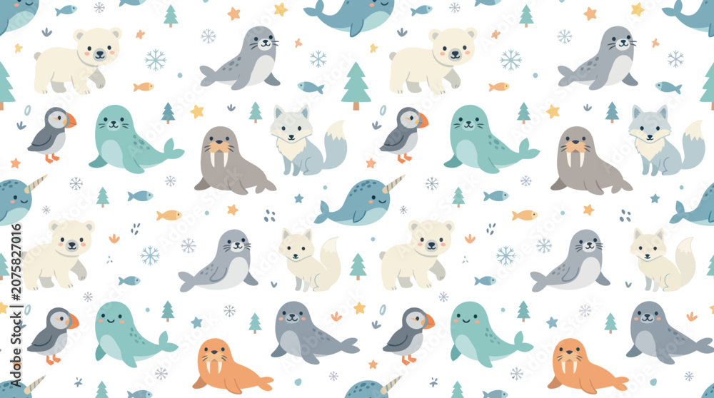 Fototapeta premium Cute Arctic Animals Seamless Pattern - Flat Illustration Style