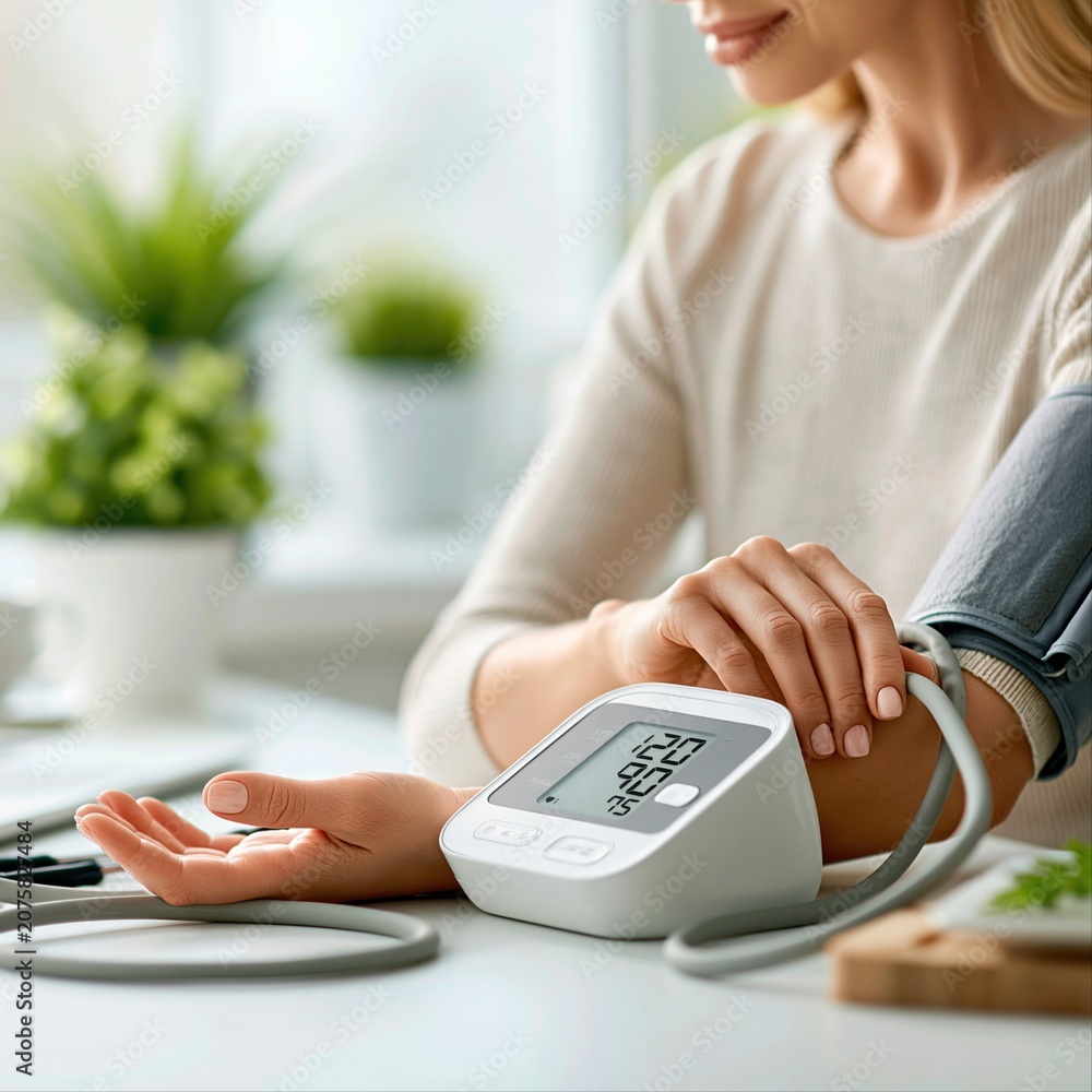 Fototapeta premium Woman checks her blood pressure using a device at home in a bright, green setting during the day