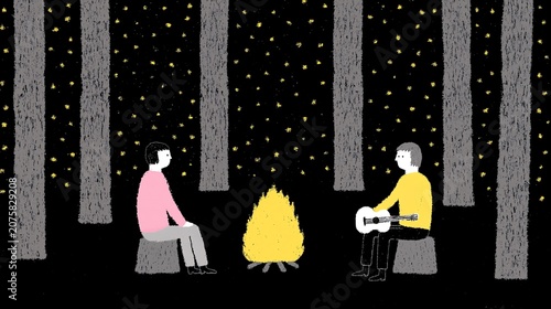 two people sitting around a campfire with stars and fireflies illuminating the dark forest amongst them; guitar out