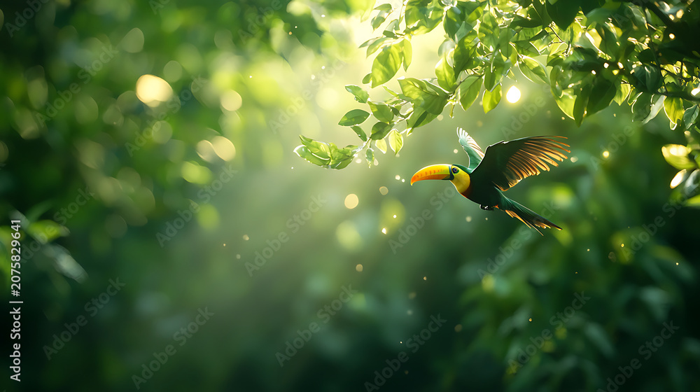 Fototapeta premium Vibrant toucan flying through lush green foliage, illuminated by soft sunlight, creates serene and enchanting atmosphere