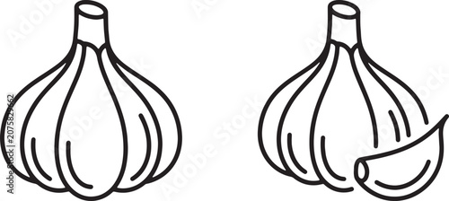 Quadro su tela Art & Illustration, Whole raw garlic bulb and secondary garlic cluster with single peeled clove line art
