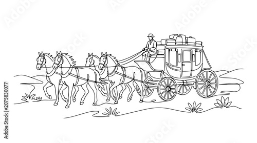 Foto Vintage Stagecoach with Four Horses, Frontier Travel Illustration