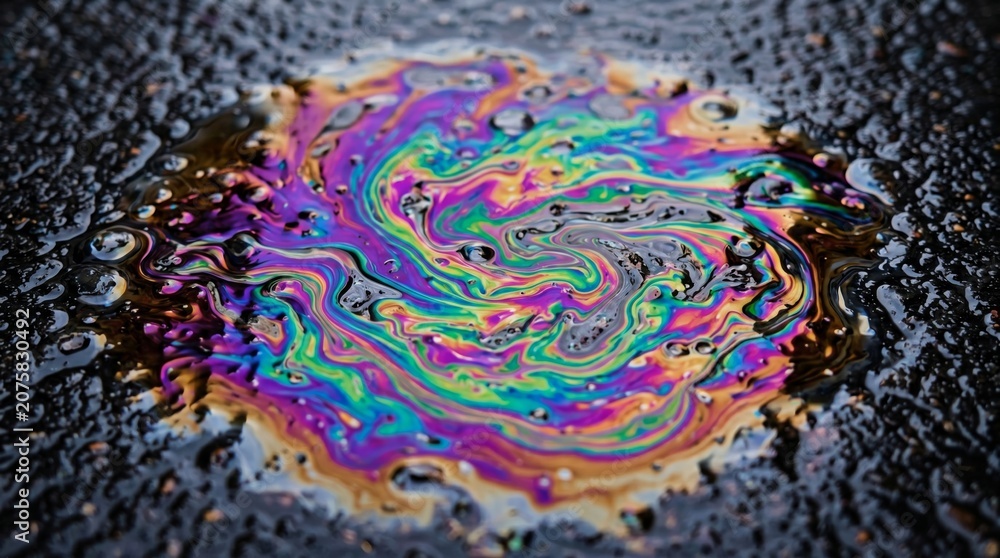 Naklejka premium Rainbow oil slick spill on asphalt road surface close up with dark background, asphalt texture