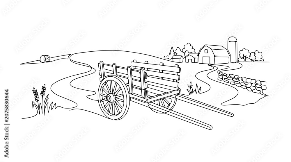 Obraz premium Rustic Farm Wagon on Country Road with Barn and Hay Bale - Line Art
