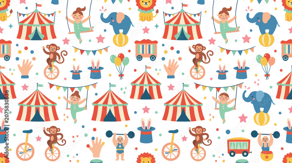 Fototapeta premium Circus Pattern Seamless Background with Elephants, Monkeys, and Tents