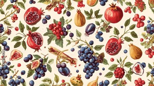 Vintage Fruit Pattern - Pomegranates, Grapes, and Berries.