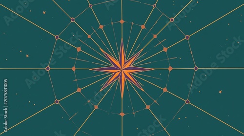 Abstract Compass Rose Starburst Design on Teal Background.