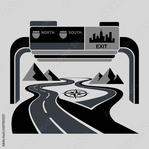 This image features a winding road leading towards a directional sign displaying exit options for north and south, symbolizing choices and journey ahead.