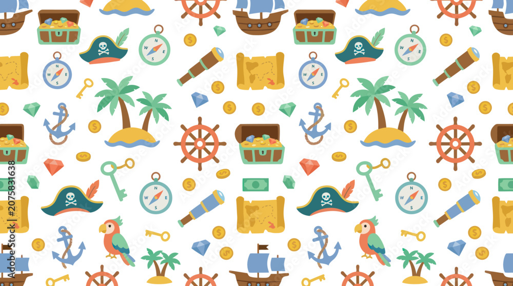 Naklejka premium Flat Cartoon Pirate Treasure Hunt Seamless Pattern. Kids Adventure, Nautical Objects Vector Illustration.
