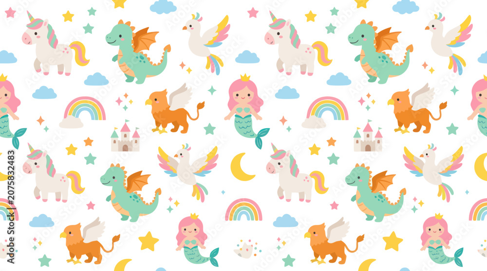 Fototapeta premium Cute Fantasy Mythical Creatures Seamless Pattern - Unicorn, Dragon, Mermaid Flat Vector Illustration