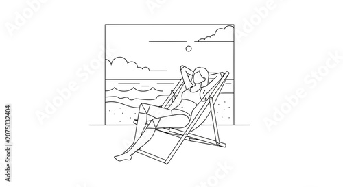 Woman Relaxing on Deck Chair at Beach, Summer Vacation, Ocean View, Line Art Illustration
