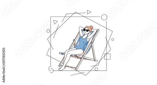 Woman Relaxing on Deck Chair with Sunglasses, Summer Vacation Vibes, Geometric Frame