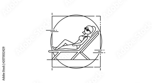 Woman Relaxing on Lounge Chair by Poolside, Summer Vacation, Sunbathing, Minimalist Line Art