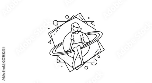 Woman Sitting on Saturn Ring, Abstract Geometric Shapes, Cosmic Fantasy Art, Line Drawing