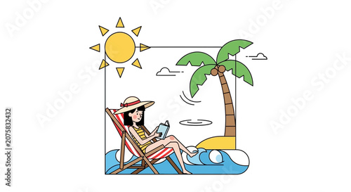 Woman Relaxing Reading Book on Beach Chair Under Palm Tree, Sunny Day Vacation