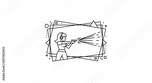 Woman shooting a gun with ear protection, abstract geometric frame, line art illustration