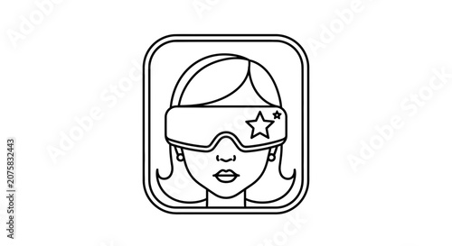 Woman wearing VR headset with star, digital art icon, virtual reality technology concept