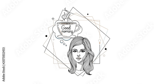 Woman Thinking of Coffee, Good Morning Message, Geometric Shapes, Line Art Style