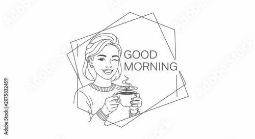 Woman Winking Holding Coffee Cup with Good Morning Text, Line Art Style