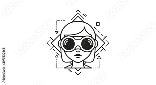 Woman with large goggles and geometric patterns, modern minimalist illustration