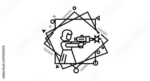 Woman with Laser Gun Icon, Geometric Frame, Futuristic Sci-Fi Concept